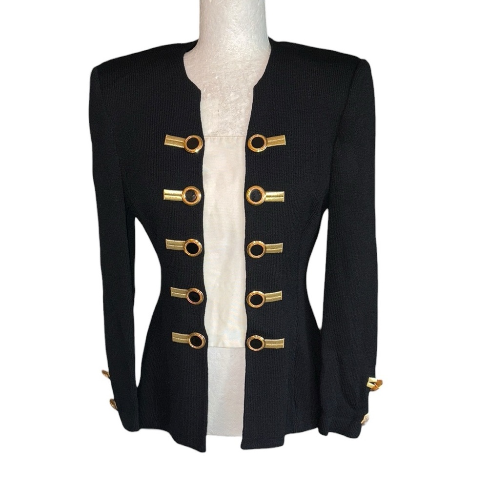 St. John Collection Vintage Black Knit Metallic Gold Embroidered Blazer - 4